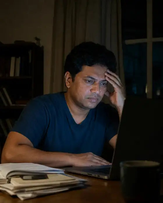 A man sitting at a laptop late at night, head in hand, surrounded by paperwork