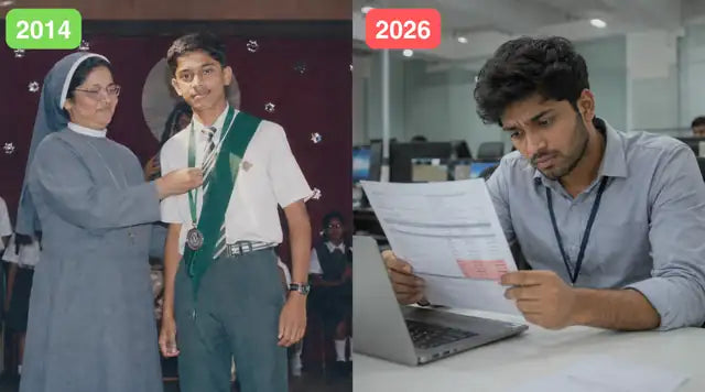 Avik in 2014, receiving a school topper medal, next to Avik in 2026, stressed over a financial statement at his office desk