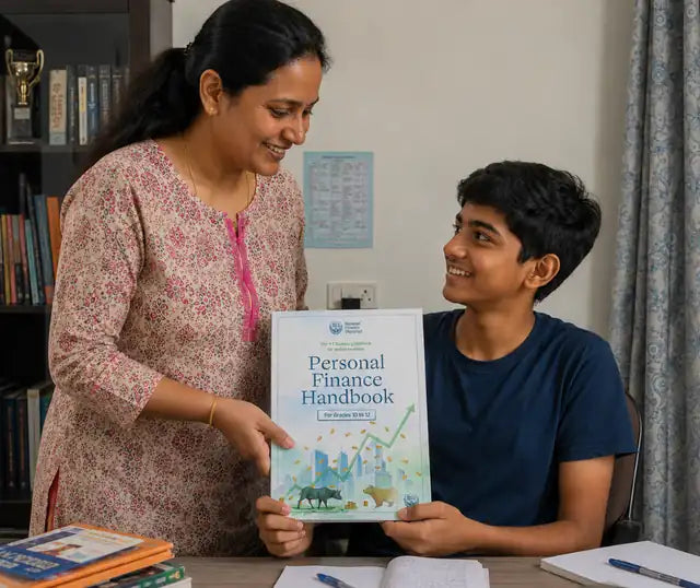 A mother handing the Personal Finance Handbook to her smiling teenage son at home
