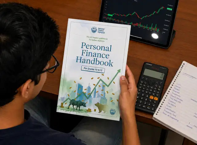 A teenage student reading the Personal Finance Handbook for Grades 10 to 12, with a stock market chart on a tablet nearby