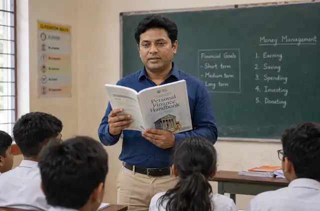 Siddharth Shukla teaching from the Personal Finance Handbook in his classroom, with Money Management written on the blackboard