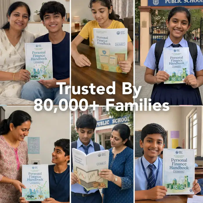 Collage of real families and students holding the Personal Finance Handbook — trusted by 80,000+ families