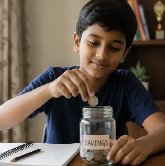 A young child with coins and pocket money