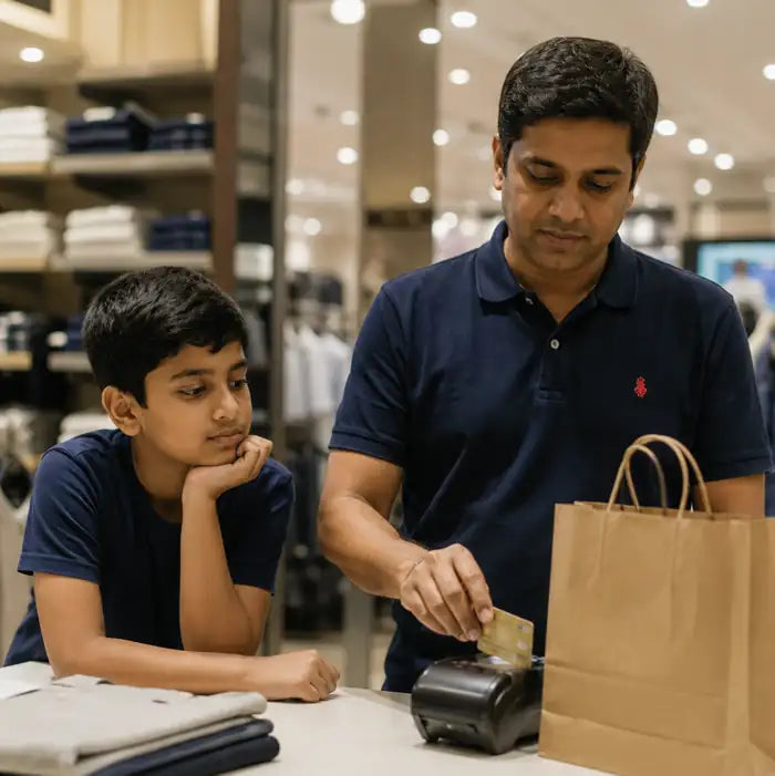 A parent and child at home, the child watching how the parent handles money