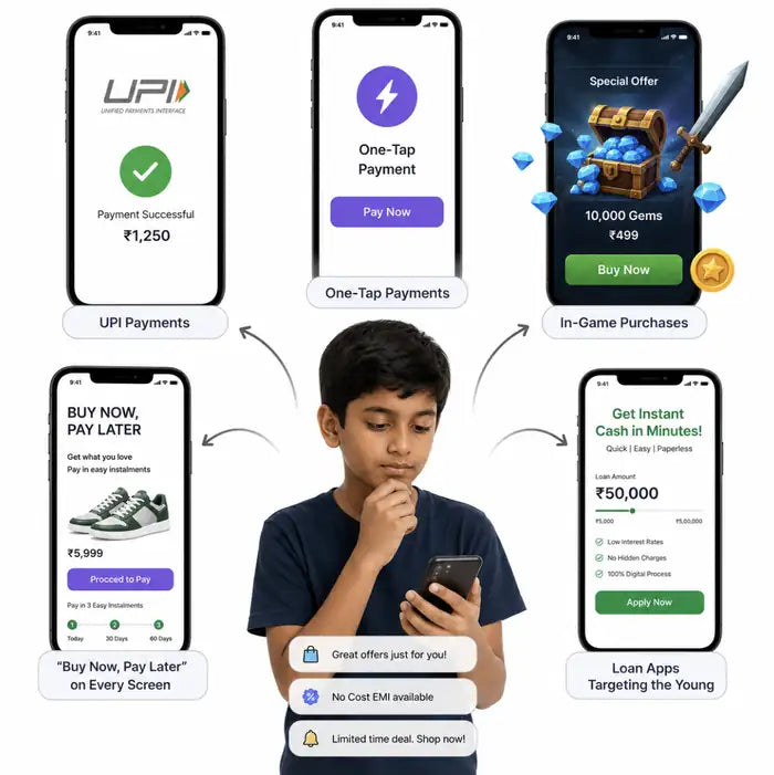 A phone screen showing UPI payments and Buy Now Pay Later instalment offers