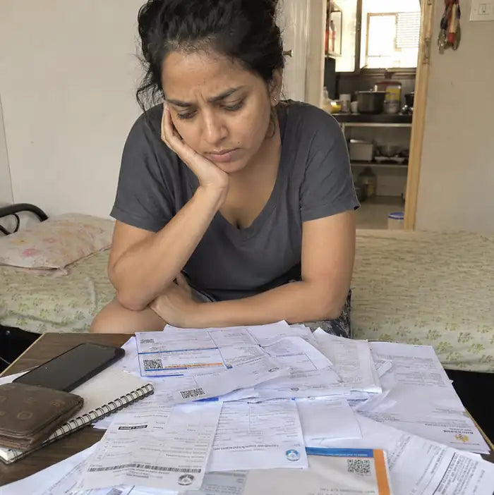 A young woman sitting alone, overwhelmed and stuck after losing her job