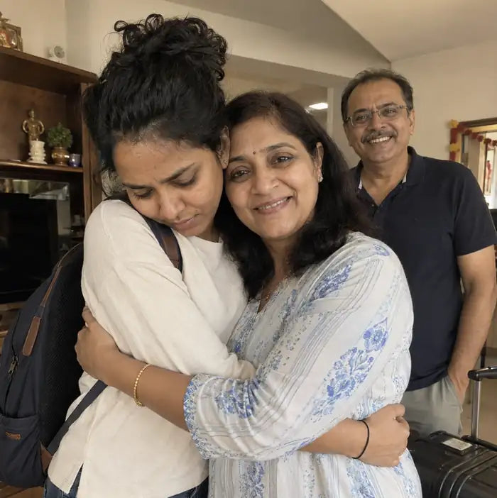 A mother proudly seeing her daughter off as she leaves for her new job in Mumbai