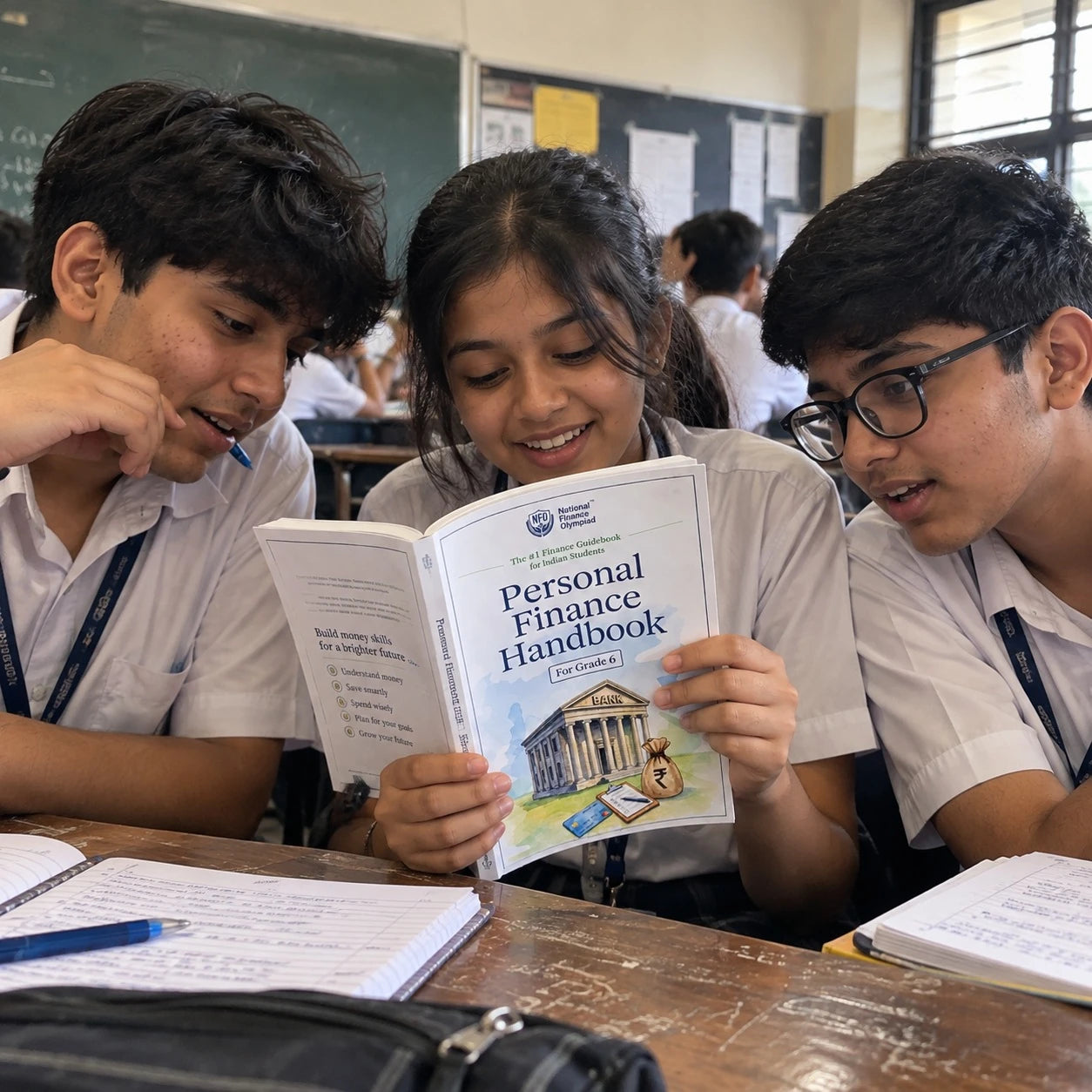 Students reading a Personal Finance Handbook together in a classroom
