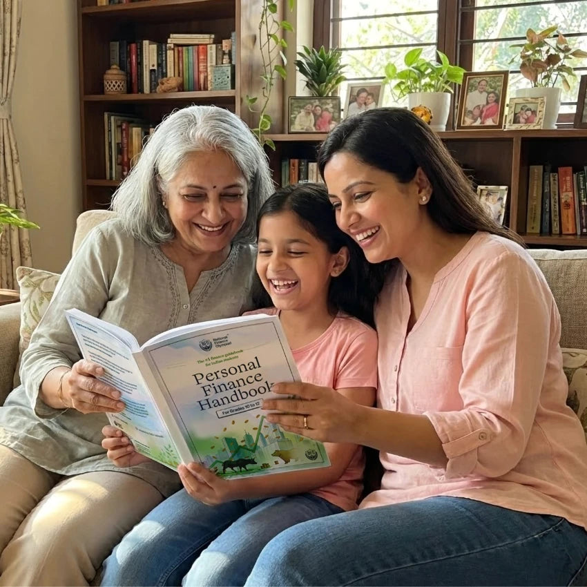 Three generations reading a personal finance handbook together