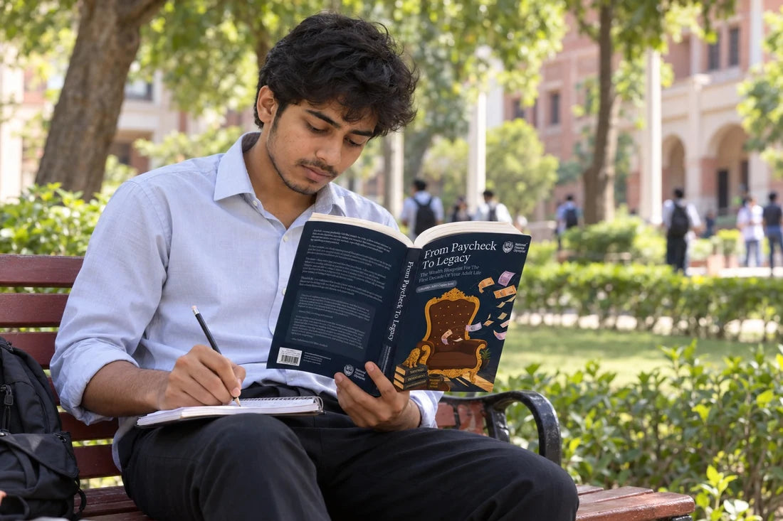 A college student reading From Paycheck to Legacy on campus