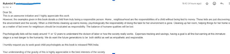 Rukmini appreciates the initiative and suggests more age-appropriate examples for children; full feedback shown.