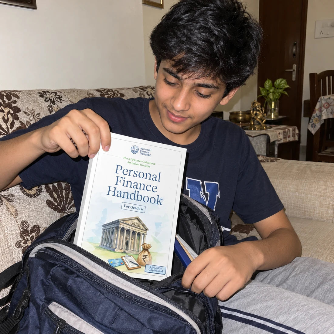 A teenager explores personal finance with a handbook